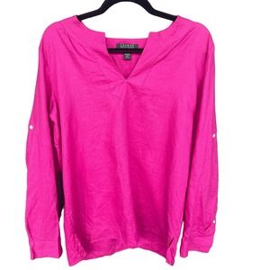 LRL Lauren Ralph Lauren Top Womens Large Pink Linen V-neck Long Sleeve Roll Tab